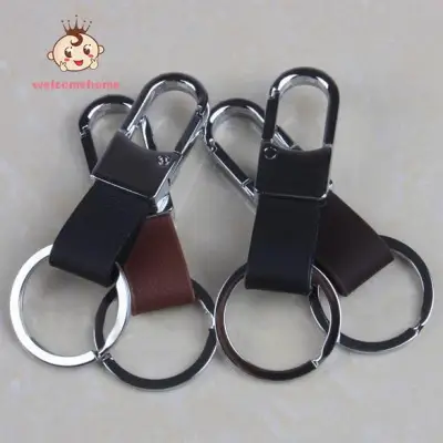 【welcomehome】Fashion Black Leather Strap Keyring Keychain Key Chain Ring Key Fob