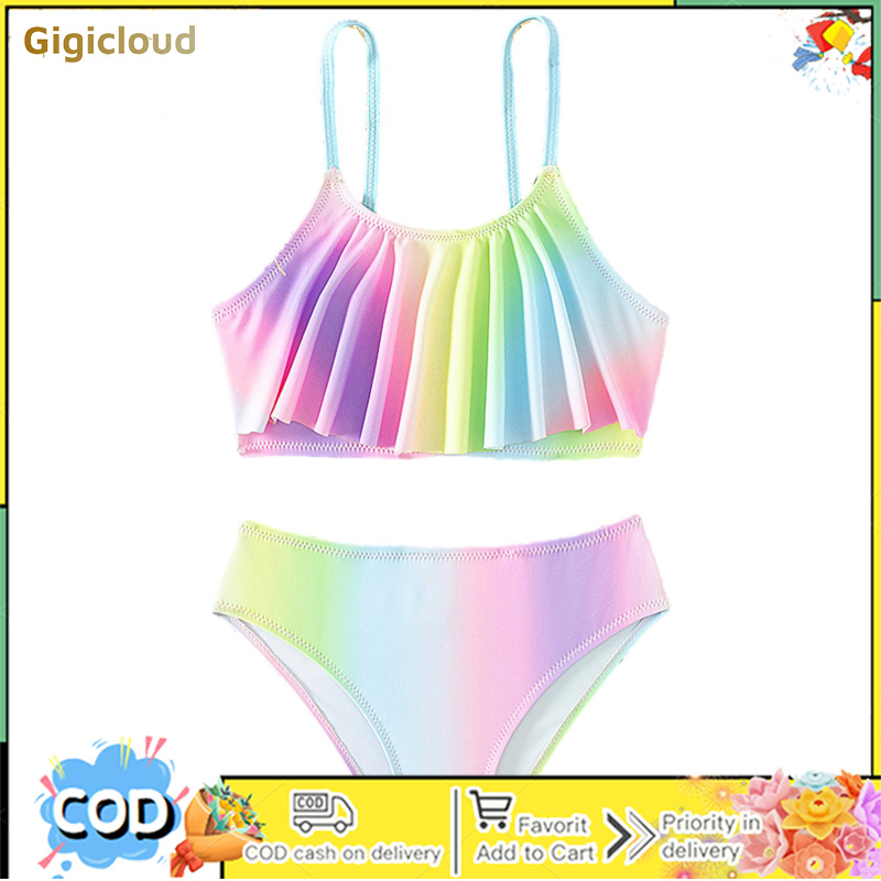 Kid Girl Two Pieces Bathing Suit Spaghetti Strap Round Neck Ruffle Chest Design Swimsuit Infant Girl Bikini Bathing Suit For Swimming ราคา 163 บาท*ส่งฟรี