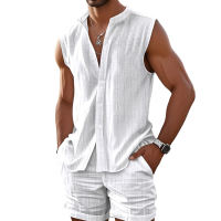 2Pcs/Set Men Summer Outfit Stand Collar Sleeveless Buttons Placket Shirt Tops Wide Leg Shorts Set Two-Piece Suit