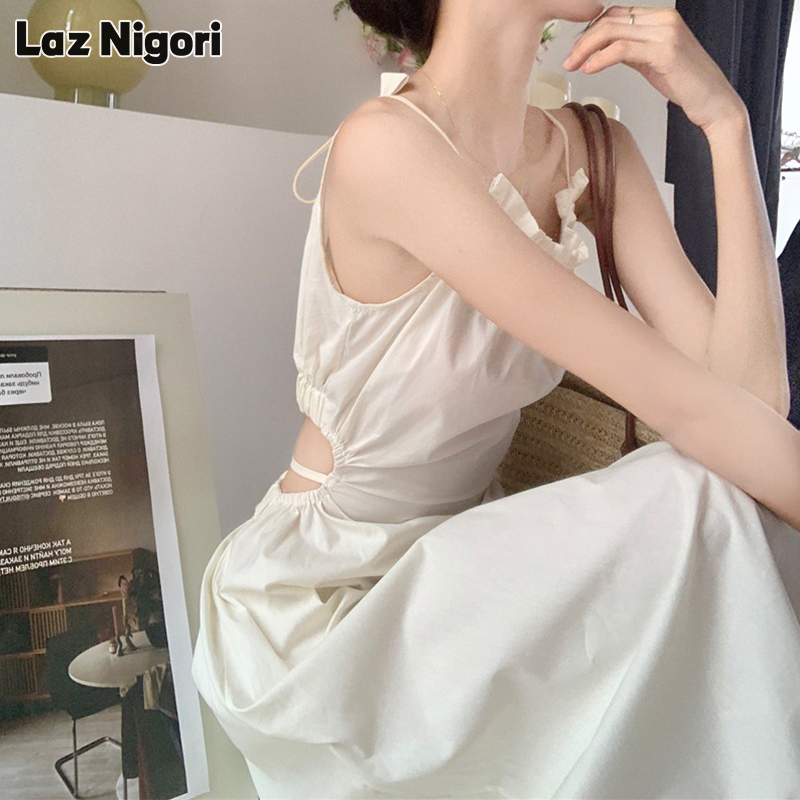 LAZ nigori cổ yếm váy yếm rỗng bên bờ biển đi biển Đầm dài