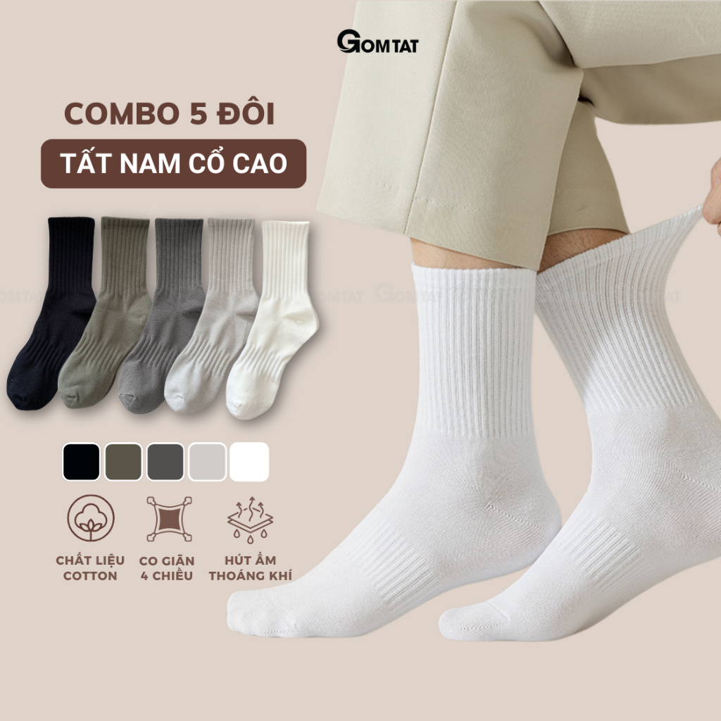  Combo 5 đôi tất nam cổ cao GOMTAT vớ cổ cao cotton sọc gân kháng khuẩn thoáng khí - OAS-1702-CB5 