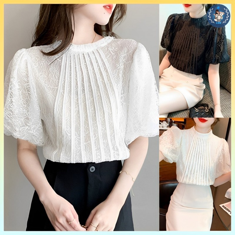 Áo sơ mi kiểu nữ ren hoa tay bồng phối họa tiết sang trọng - l2m