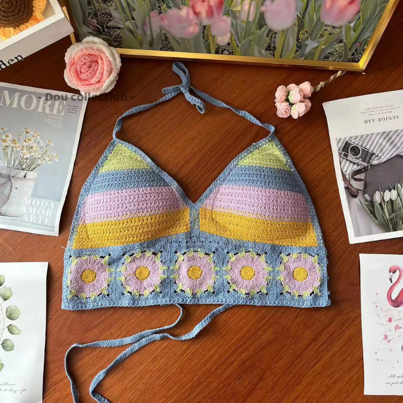 Áo bikini len móc Áo Bra crotop đi biển hoạ tiết hoa có miếng lót ngực phối nhiều màu thời trang mùa