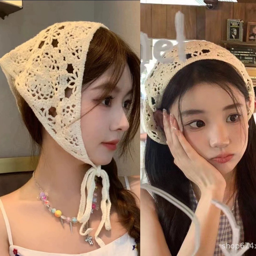 Khăn bandana tam giác len đan móc hoa thời trang TÍM STORE phụ kiện khăn turban phong cách hàn