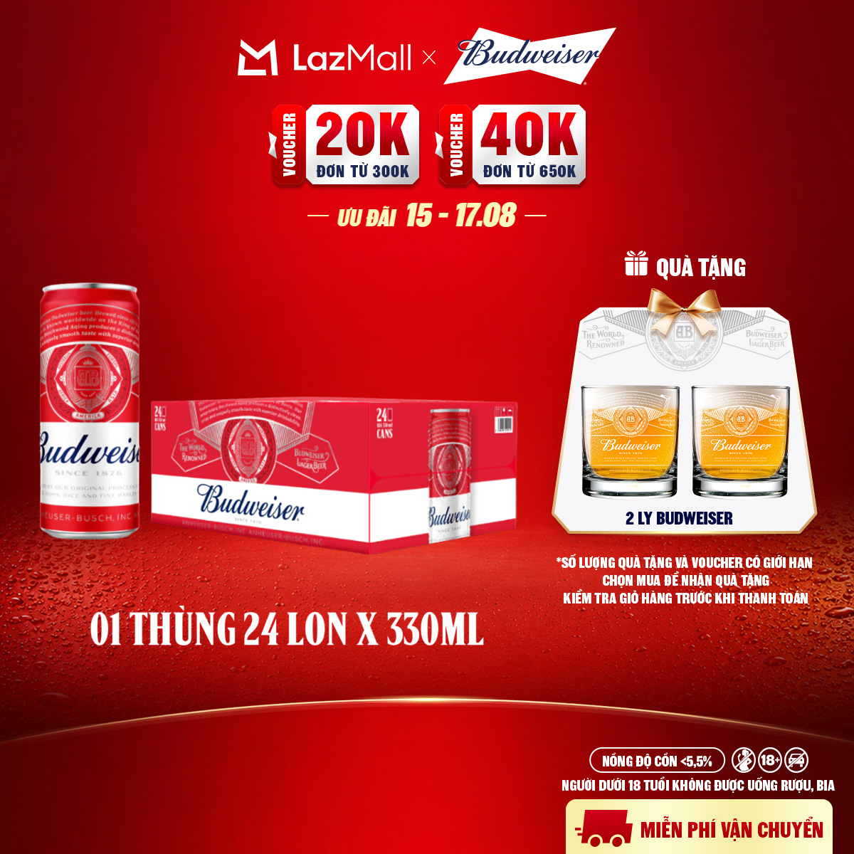 Thùng 24 Lon Bia Budweiser Sleek Can Chính Hãng (330ml/lon)