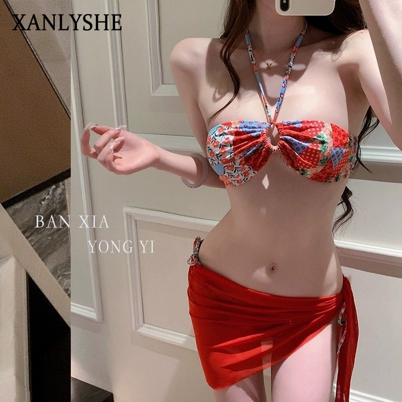 XANLYSHE ชุดว่ายน้ำบิกินี่แยกชิ้นสีแดงและสีขาวพิมพ์ลายชาติพันธุ์สำหรับผู้หญิงกระโปรงคลุมหน้าอกเล็ก ราคา 63 บาท*ส่งฟรี