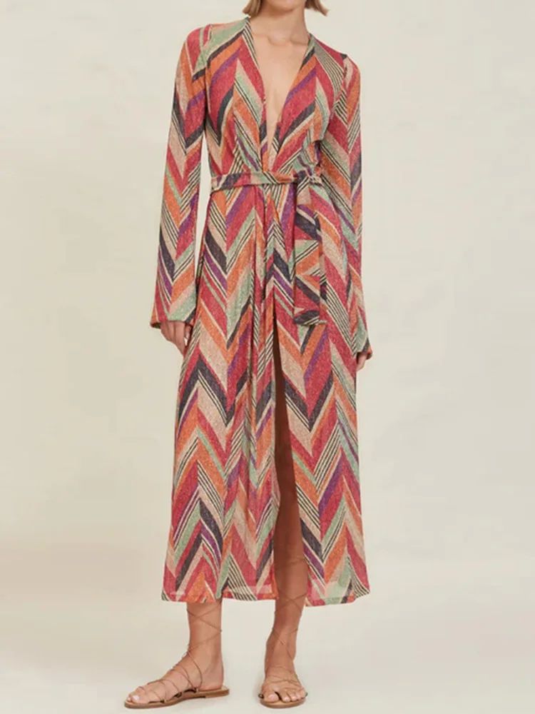 Women's design suit Women Retro Printing Chic Outfits, Spring Summer Long Cardigan Coats And Lacing Up Pants Matching Sets, Sexy Ladies 2 Pcs Suits ราคา 9,831 บาท*ส่งฟรี