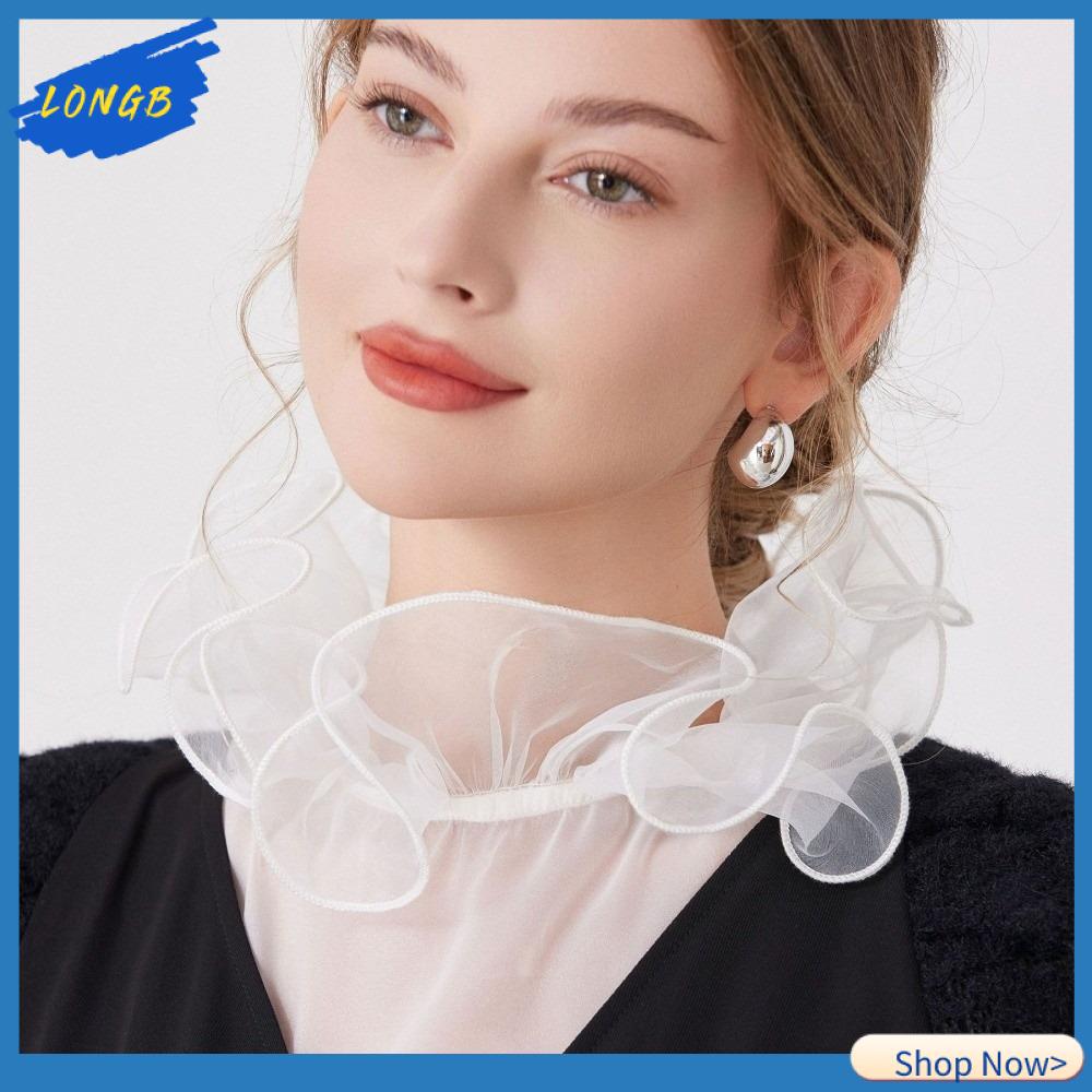 LONGB Viền polyester Cổ áo giả Viền ren Thiết kế xếp nếp Áo sơ mi nửa thân Thanh lịch Thoáng khí Dây đeo cổ Váy Áo Sơ Mi