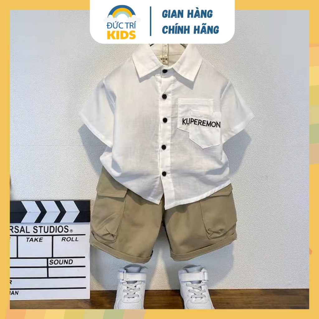 Set bộ bé trai trẻ em áo sơ mi trắng KUP thoáng mát phối quần Short ngắn lửng đi học đi chơi thời trang trẻ em (9-24kg)