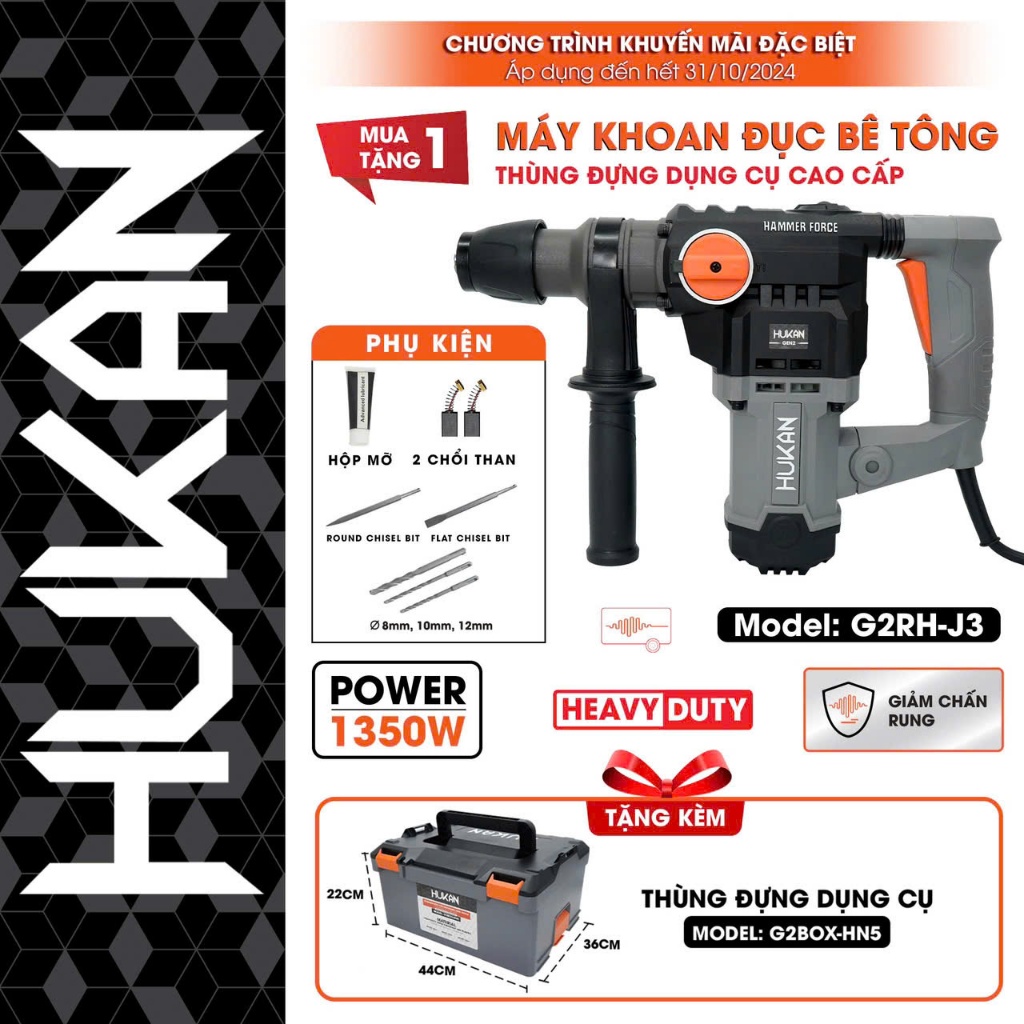 Máy Khoan Đục Bê Tông  Hukan G2RH - J3 Công Suất 1350W Tặng Kèm Thùng Đựng Đồ Hukan , 2 Mũi Đục 3 Mũi Khoan