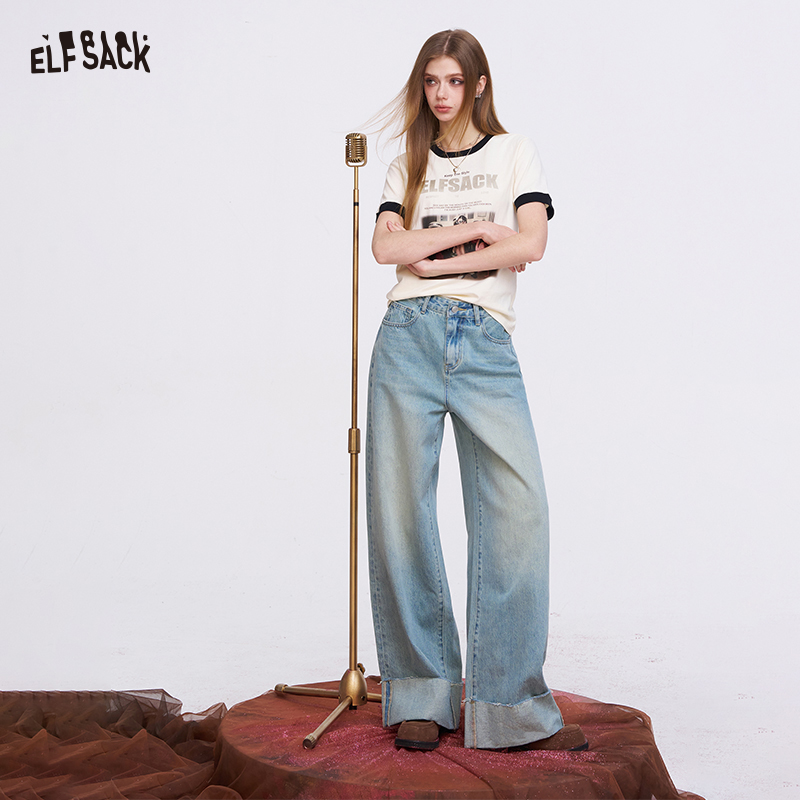 ELFSACK Women's Light Blue Wide Leg Jeans with Wide Cuffed Hem, Baggy Straight Denim Pants for Daily, Chic High Waist Trousers ราคา 1,517 บาท*ส่งฟรี