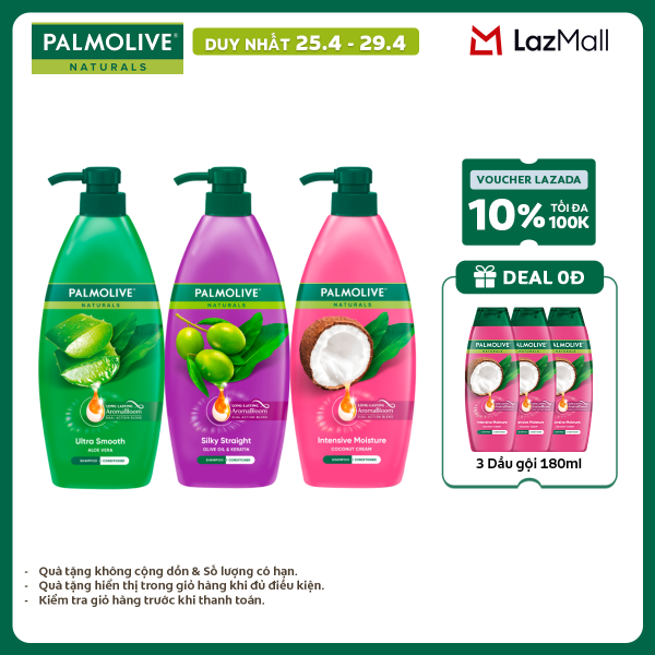 [Chỉ 25-29.4_Tặng 3 Gội 180ml] Bộ 3 Dầu gội Palmolive kèm xả 2-trong-1 chiết xuất thiên nhiên 600ml