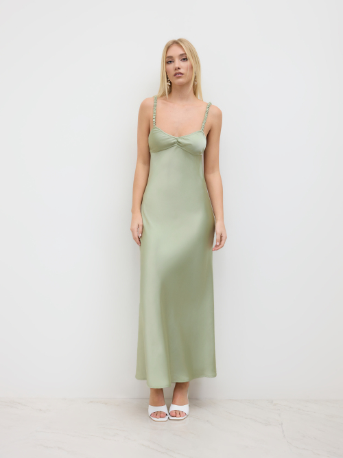 Cider Satin Cut Out Ruffle Ruched Straps Maxi Dress - ยี่ห้อ CIDER ราคา 1,161 บาท*ส่งฟรี