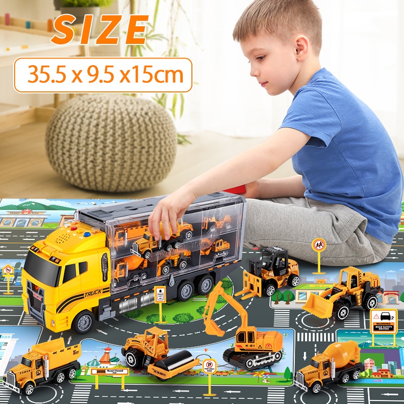 TEMI vận chuyển xe container Bộ đồ chơi với thảm chơi & 6pcs mini xe kỹ thuật, Đồ chơi mô hình xe hơi quà tặng bé trai và cô gái