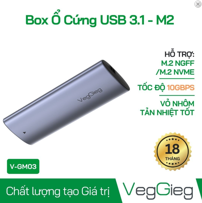 Hộp box USB 3.1 M2 Sata 10Gb V-GM03 VegGieg. Hộp đựng ổ cứng M2 Sata. Không bao gồm ổ cứng