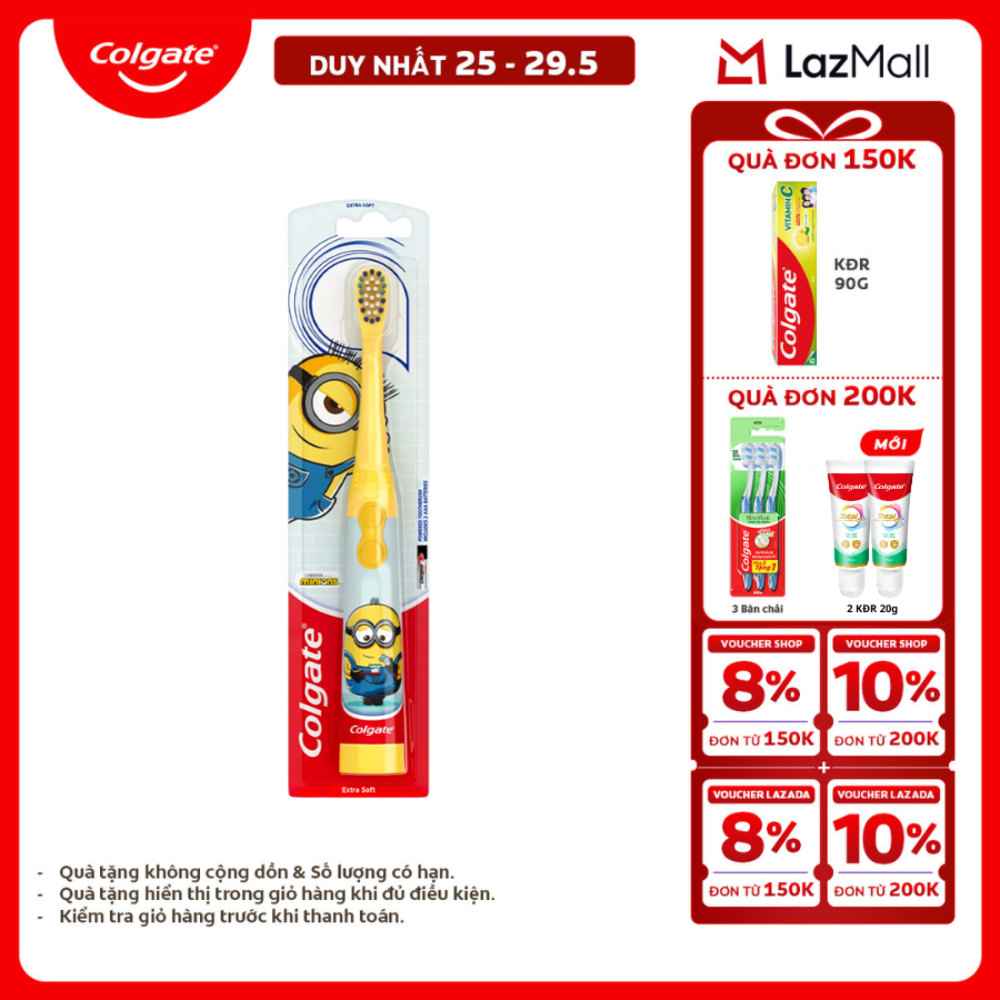 [Chỉ 25-29.5_X2 Voucher giảm 20%] Bàn chải điện Colgate Minion dành cho trẻ em làm sạch sâu dịu nhẹ