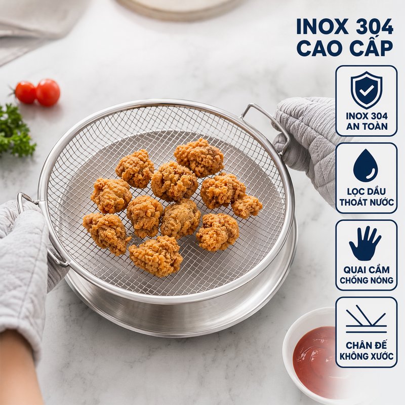 vỉ lưới inox 304 khay tròn ráo dầu thoát nước chống nóng chống trượt chân đế nướng chiên hấp 22 24 26