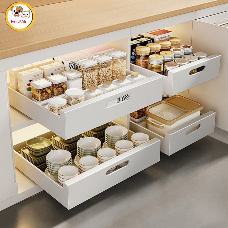 Pullable Kitchen Storage Box Set, Carbon Steel Sliding Cabinet Drawer Storage Rack, Kitchen Storage Basket For Dishes ราคา 730 บาท*ส่งฟรี