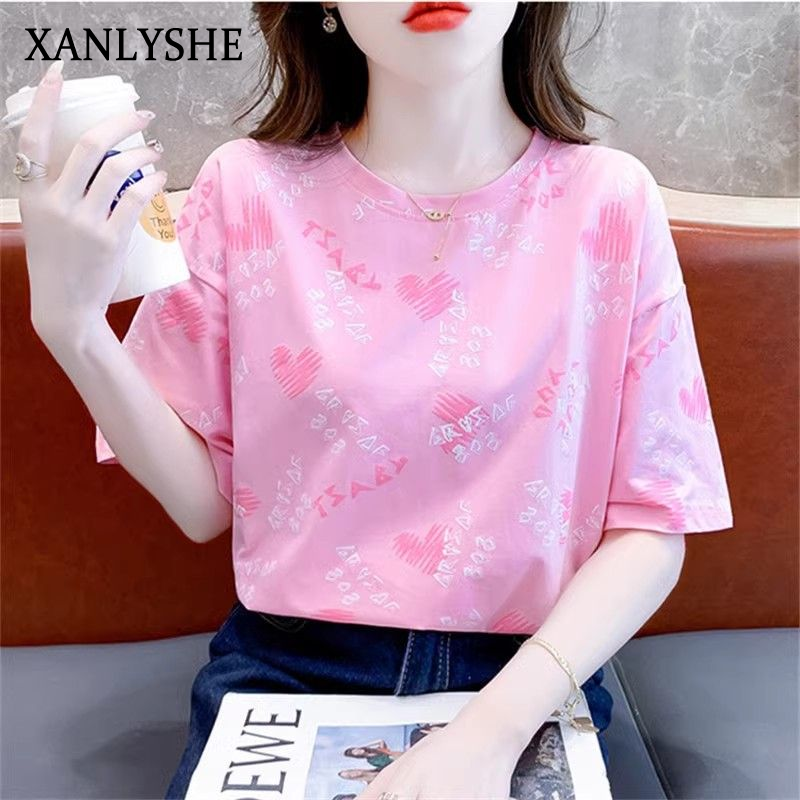 XANLYSHE เสื้อยืดแขนสั้นพิมพ์ลายผ้ามัดย้อมแบบใหม่สำหรับผู้หญิงเสื้อดีไซน์ทรงหลวมใส่แล้วดูผอมแมทช์ลุคง่ายสำหรับฤดูร้อนสำหรับผู้หญิง ราคา 81 บาท*ส่งฟรี