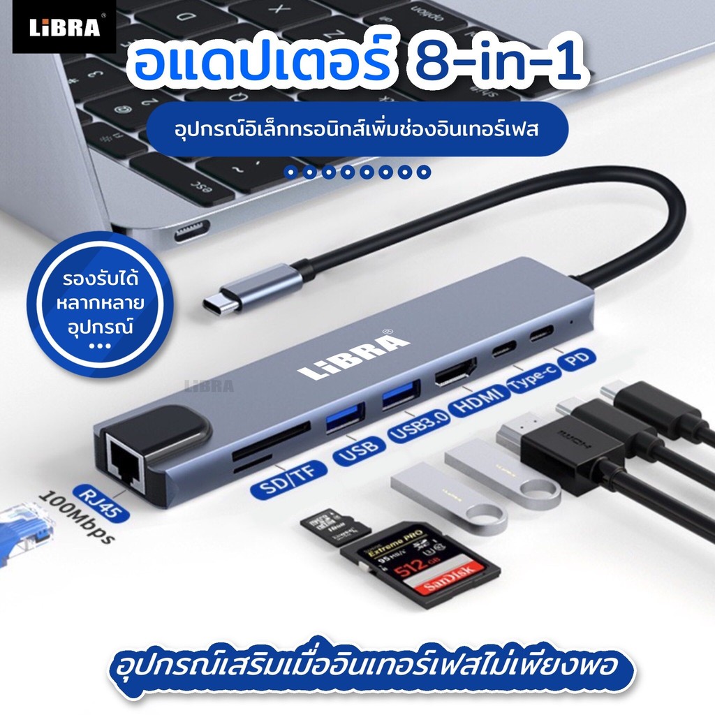 Libra Hub อเนกประสงค์ Type-C Dock 4-in1/5-in1/6-in-1/7-in-1/8-in-1ไม่จําเป็นต้องติดตั้งไดรเวอร์ เสียบและเล่น ความเร็วสูง - ยี่ห้อ MGX ราคา 179 บาท*ส่งฟรี