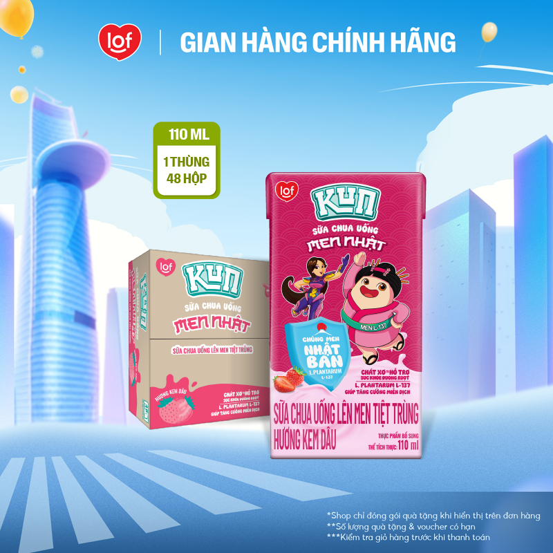 Sữa chua uống KUN vị kem dâu thùng 48 hộp x 110ml (Có thể nhận bao bì cũ/mới)