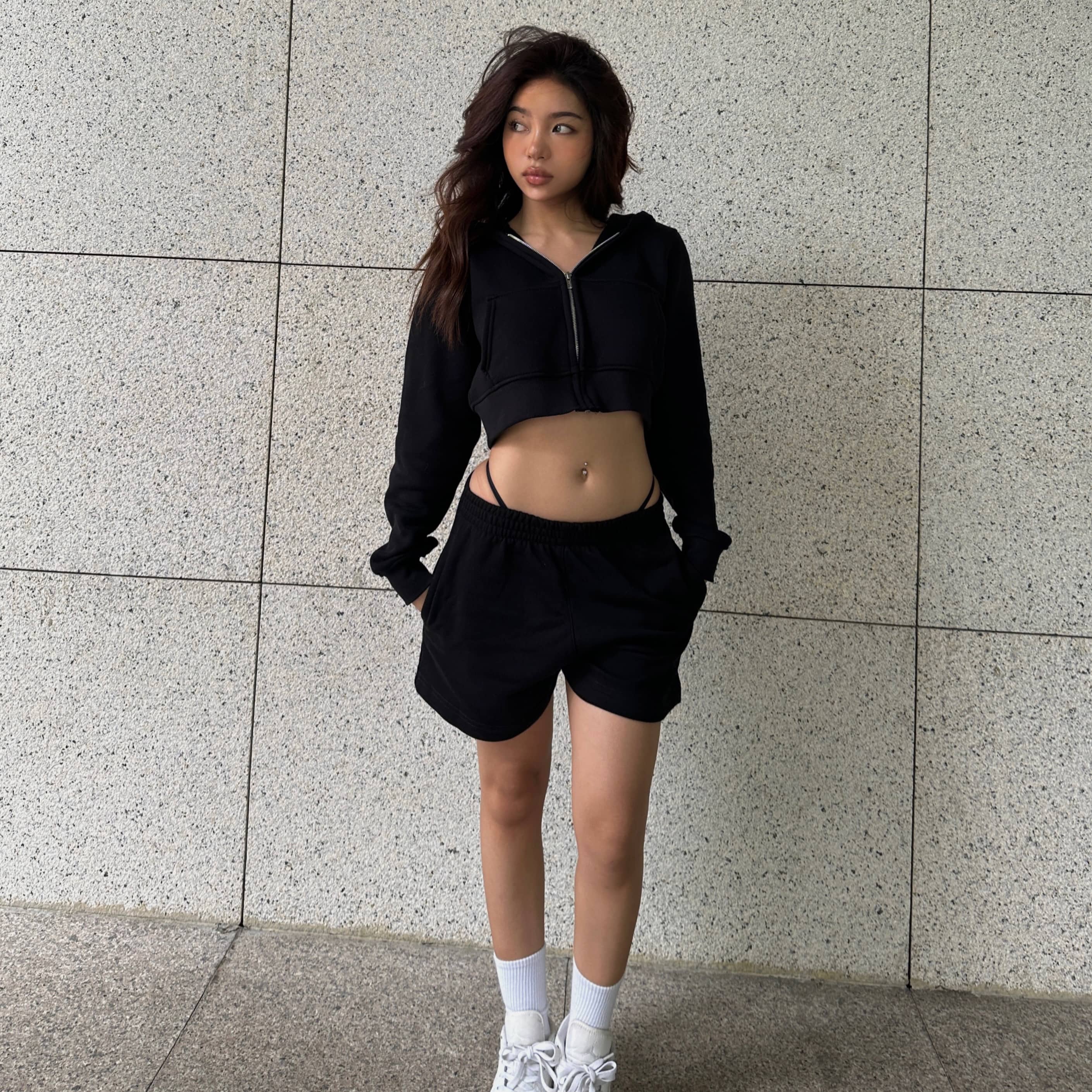 Set bộ nỉ hoodie zip croptop và quần short ngắn augety