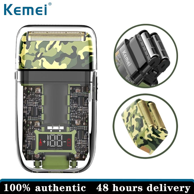 Kemei Military camouflage transparent waterproof USB charging LED LCD digital display reciprocating shaver ราคา 729 บาท*ส่งฟรี