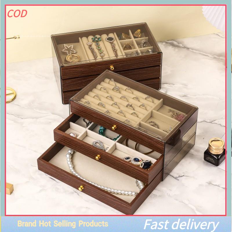 [COD]PkYeG💖💖💖 กล่องเครื่องประดับไม้หลายชั้นแหวนหน้าต่างโปร่งใสสร้อยคอเครื่องประดับกล่องจัดเก็บสร้อยข้อมือต่างหู ราคา 235 บาท*ส่งฟรี