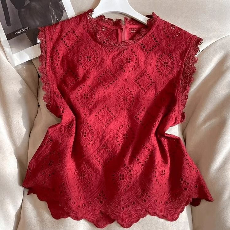 Luxqlo Áo kiểu màu đỏ thời trang nữ rỗng Áo sơ mi sát nách phong cách Hàn Quốc mùa hè thêu rộng Tops
