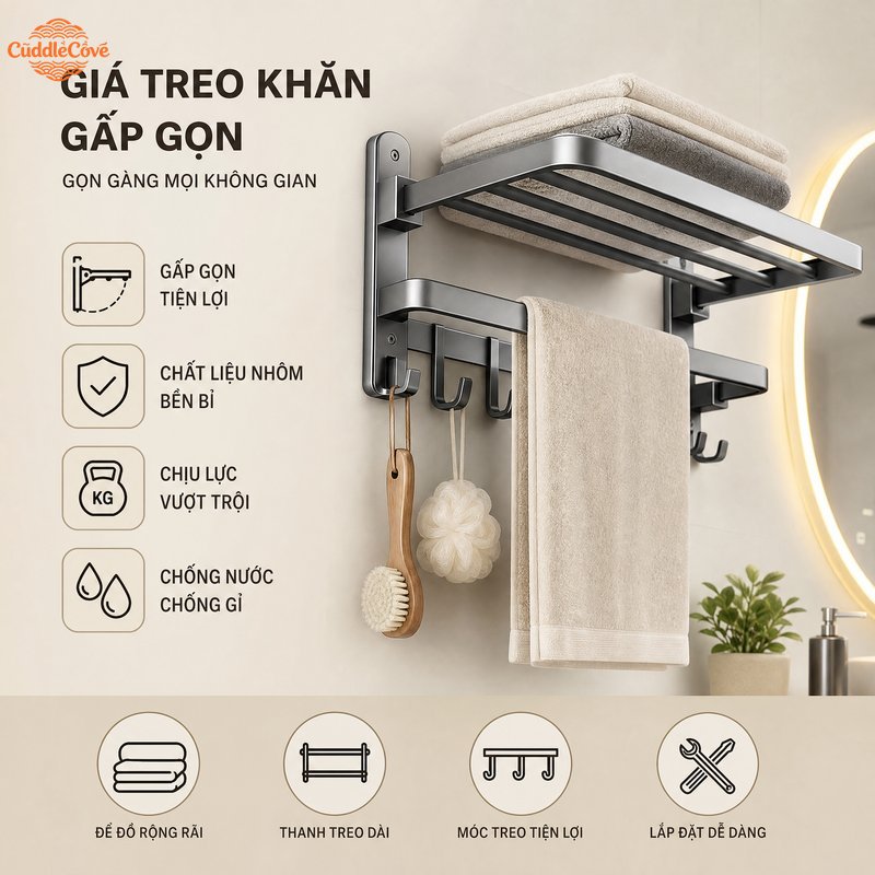 CuddleCove giá treo khăn tắm dán tường nhôm cao cấp gập gọn thanh treo móc đa năng chống gỉ không cần khoan dùng nhà tắm