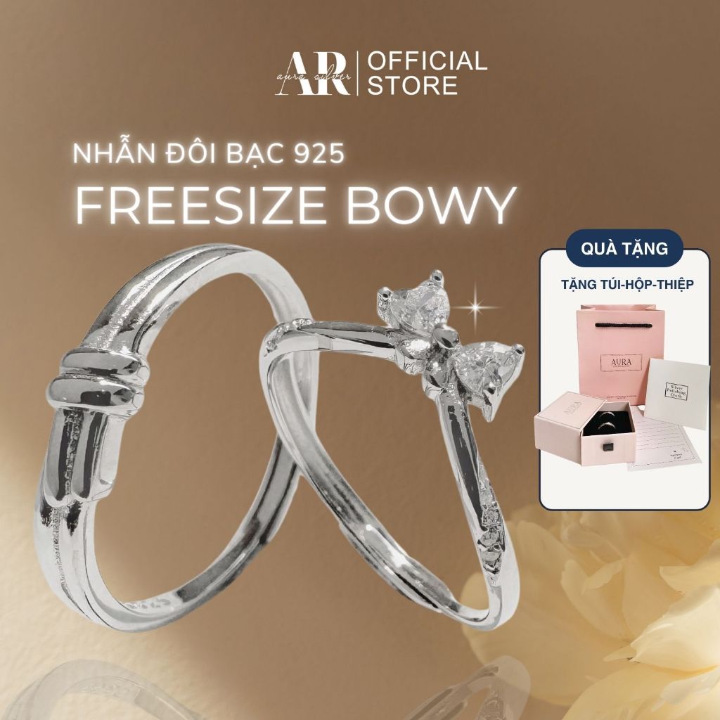 Nhẫn đôi hẹn ước nam nữ Bowy, nhẫn cặp freesize bạc Ý 925 Promise Ring kiểu nơ đính đá Aura Silver-ND04