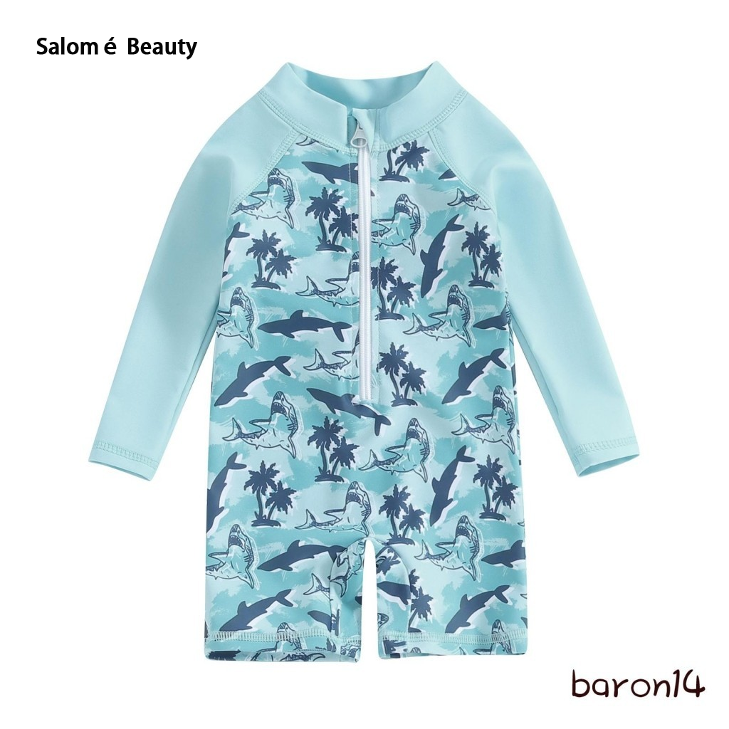 Salomé Beauty New Boys Swimsuit Sunscreen Long sleeved Round Neck Printed Whale Zipper Swimsuit ราคา 182 บาท*ส่งฟรี