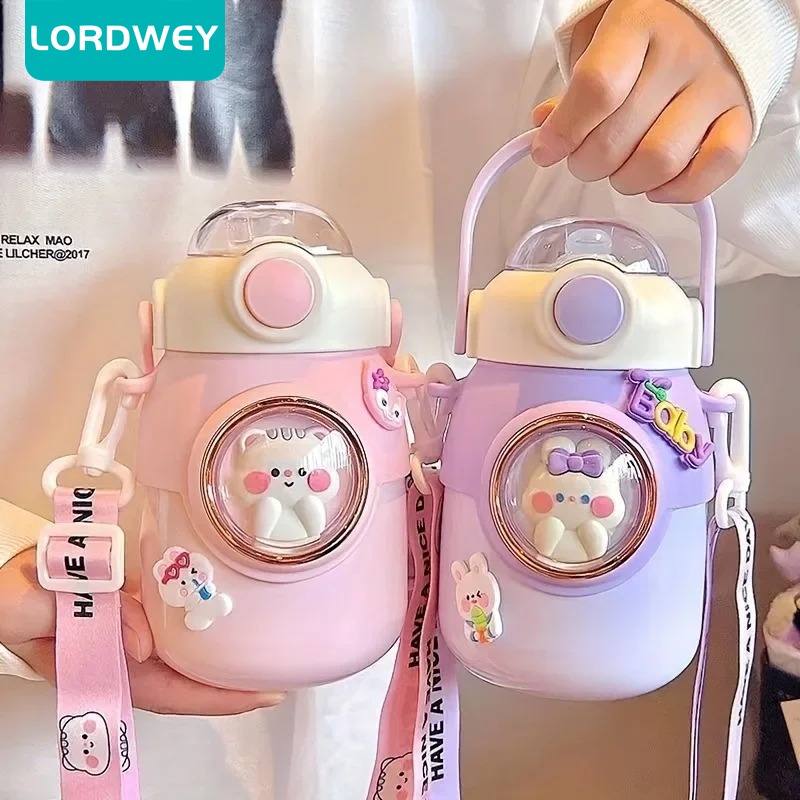 LORDWEY Cute Cartoon Water Bottle with Straw Stainless Steel Thermos Bottle Portable Leak-Proof Jug for Student School Travel ราคา 337 บาท*ส่งฟรี