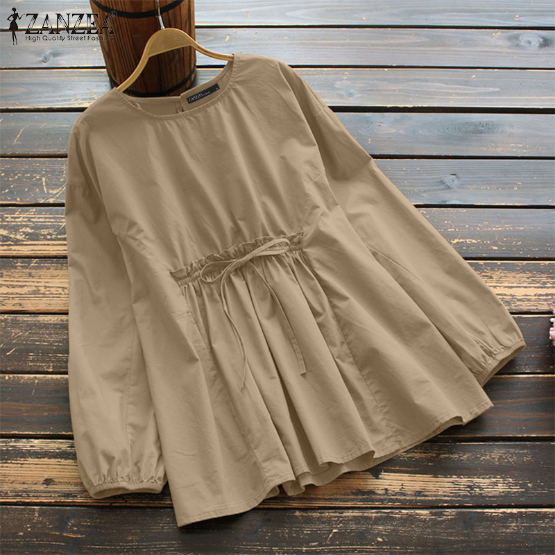 Hijabfab ZANZEA Womens đi làm Áo một màu tay dài mùa thu mới phía trước độ đàn hồi ren lên trang trí áo cánh #1125