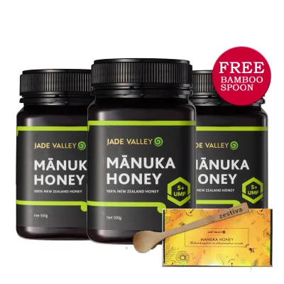 JADE VALLEY Premium Manuka Honey UMF 5+ (500G x 3), Free Gift Box and Bamboo Spoon