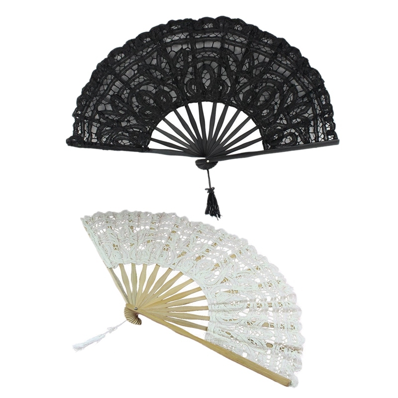 2 PCS Handmade Cotton Lace Folding Hand Fan For Party Bridal Wedding Decoration ( Beige & Black) Singapore
