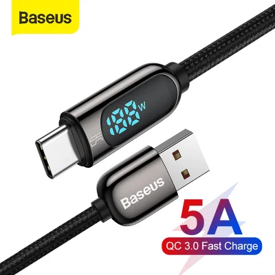Baseus 5A Type C Cable LED Display Fast Charging Cable for Samaung Huawei Xiaomi PD4.0 QC 3.0 USB C Data Wire Cord with Digital Voltage for Vivo Oppo Realme