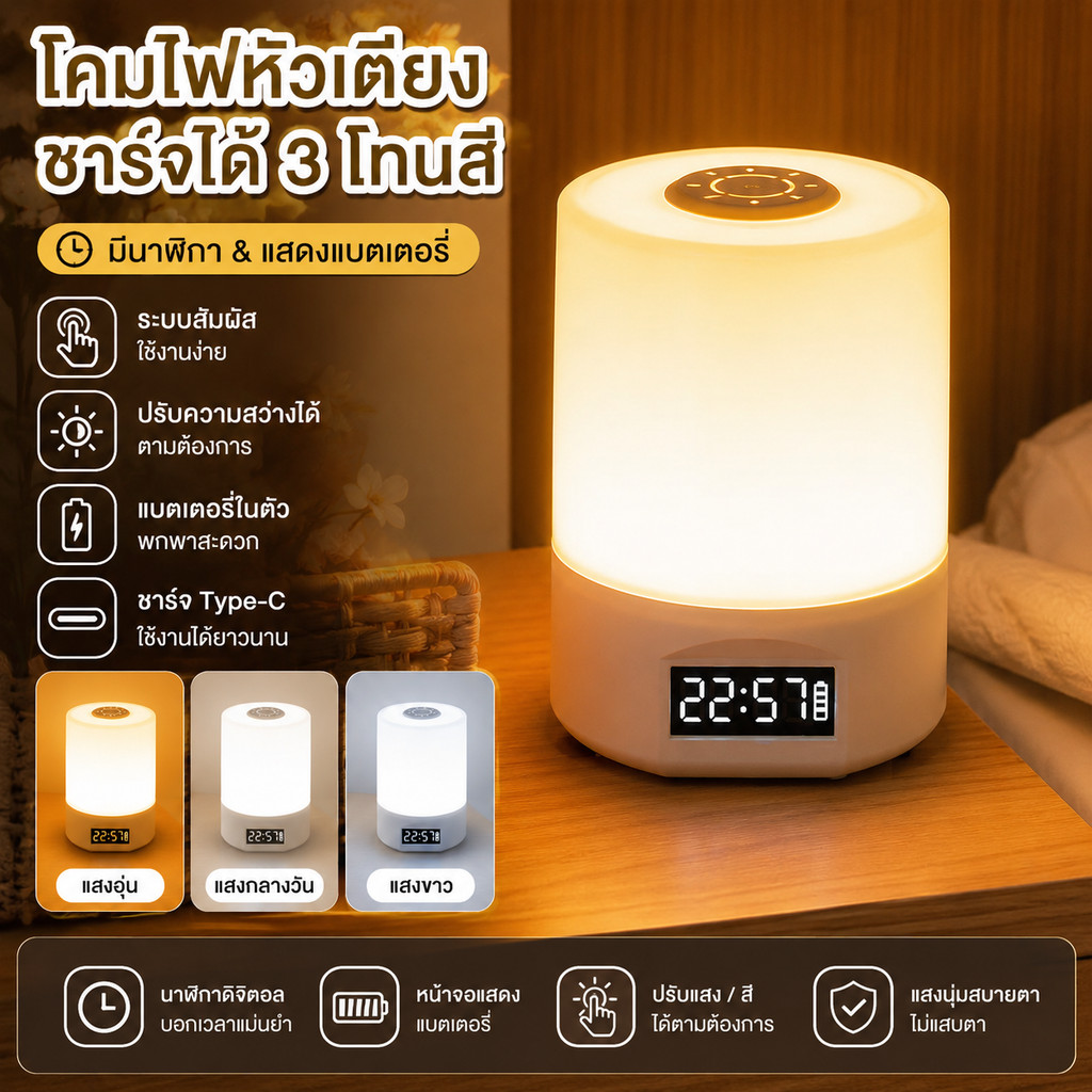 Led Bedside Lamp, Rechargeable Night Light, 3 Color Tones, Touch Control, Adjustable Brightness, Type-C Charging, Choose from 2 Models: Light-Adjustable Model and Clock Model with Battery Display Screen. for Bedrooms, Reading Tables, Dorms, and Portable U ราคา 137 บาท*ส่งฟรี
