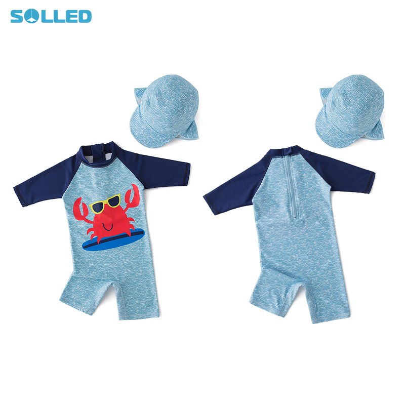 Baby Boys' Bathing Suit Set Long Sleeve Color Block Cartoon Printing Jumpsuit With Hat Beach Swimsuit 2 Piece