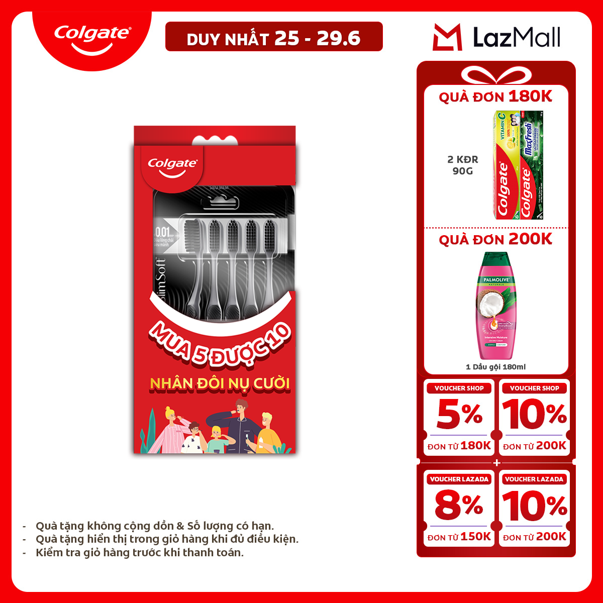 [Chỉ 25-29.6_X2 Voucher giảm đến 20%] [Tặng 5 bàn chải] Bộ 5 Bàn chải Colgate SlimSoft Charcoal than hoạt tính kháng khuẩn