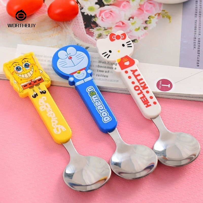 Bộ thìa tranh hoạt hình bằng thép không gỉ sáng tạo cho trẻ em, đồ dùng ăn uống vui vẻ và an toàn