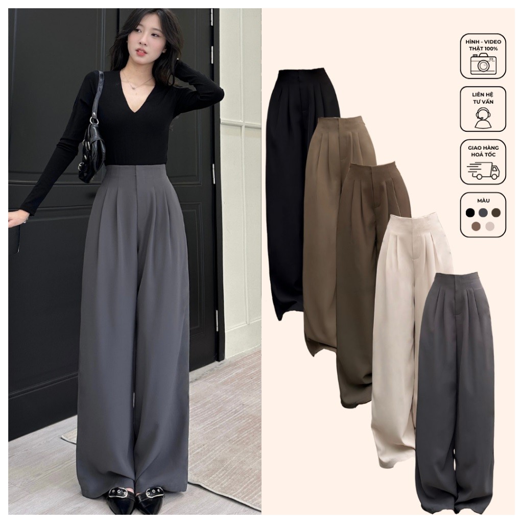  Quần Ống Rộng Nữ Cạp Cao Lưng Liền Vải Nhập Rũ Đẹp Lả Lướt Có Túi 