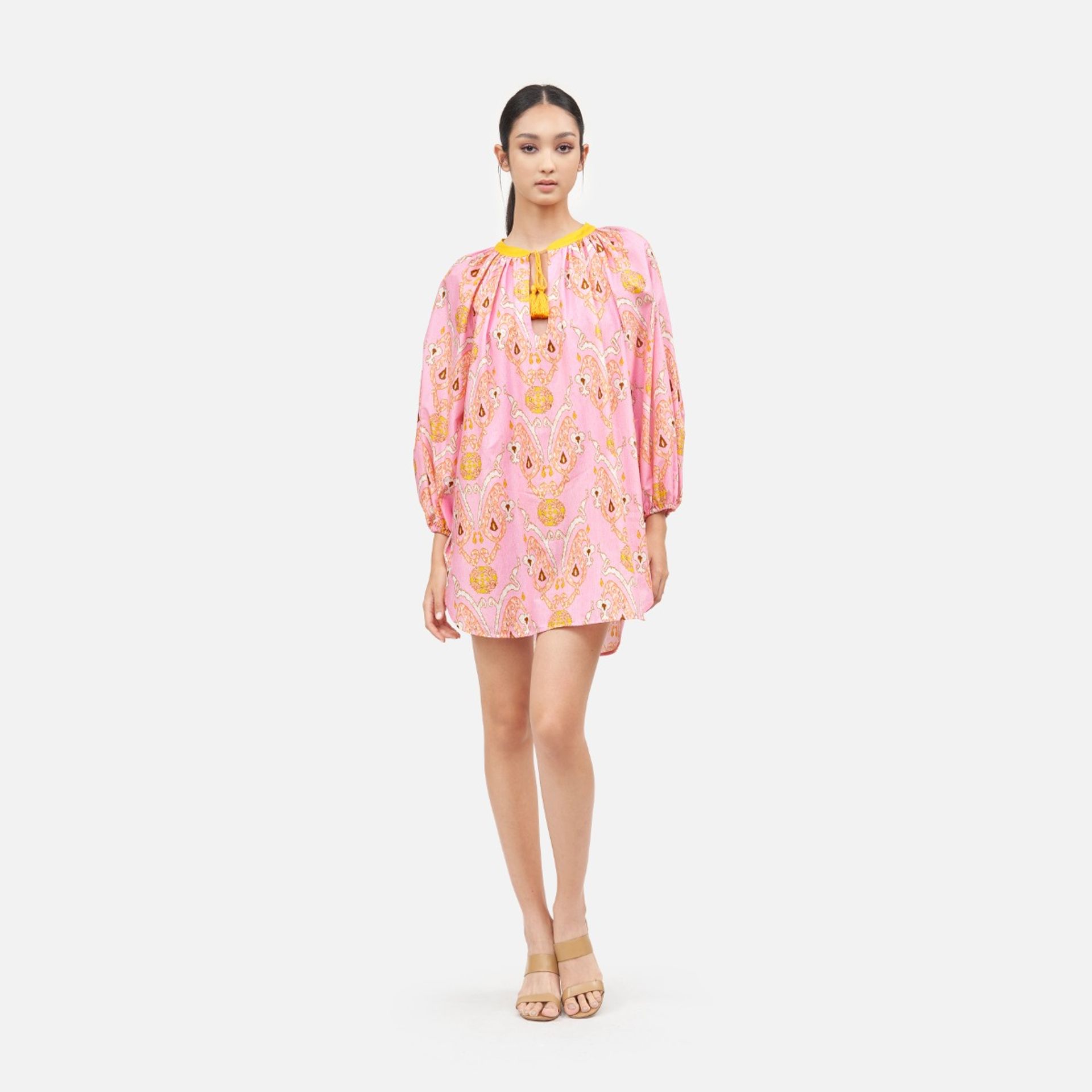 Ikat Paisley Cotton Boho Long Sleeve Cover Up Dress - Pink ราคา 1,470 บาท*ส่งฟรี