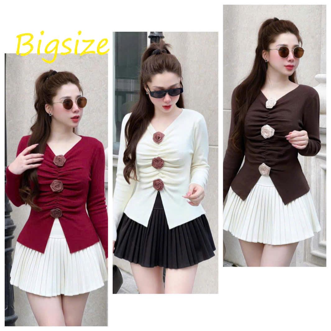 (40-90kg) Áo Thun Bigsize Nữ Tay Dài, Thun Gân Tăm Co Giãn, Cổ V Cài 3 Hoa, Nhiều Màu Đẹp Đỏ Đen Nude Nâu – Thời Trang Thanh Lịch