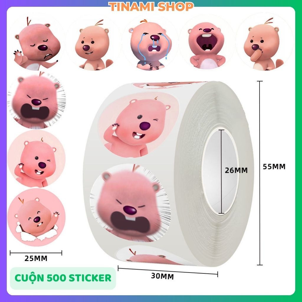 Cuộn 500 tem Loopy sticker niêm phong gói hàng hình nhân vật loopy chú hải ly dễ thương
