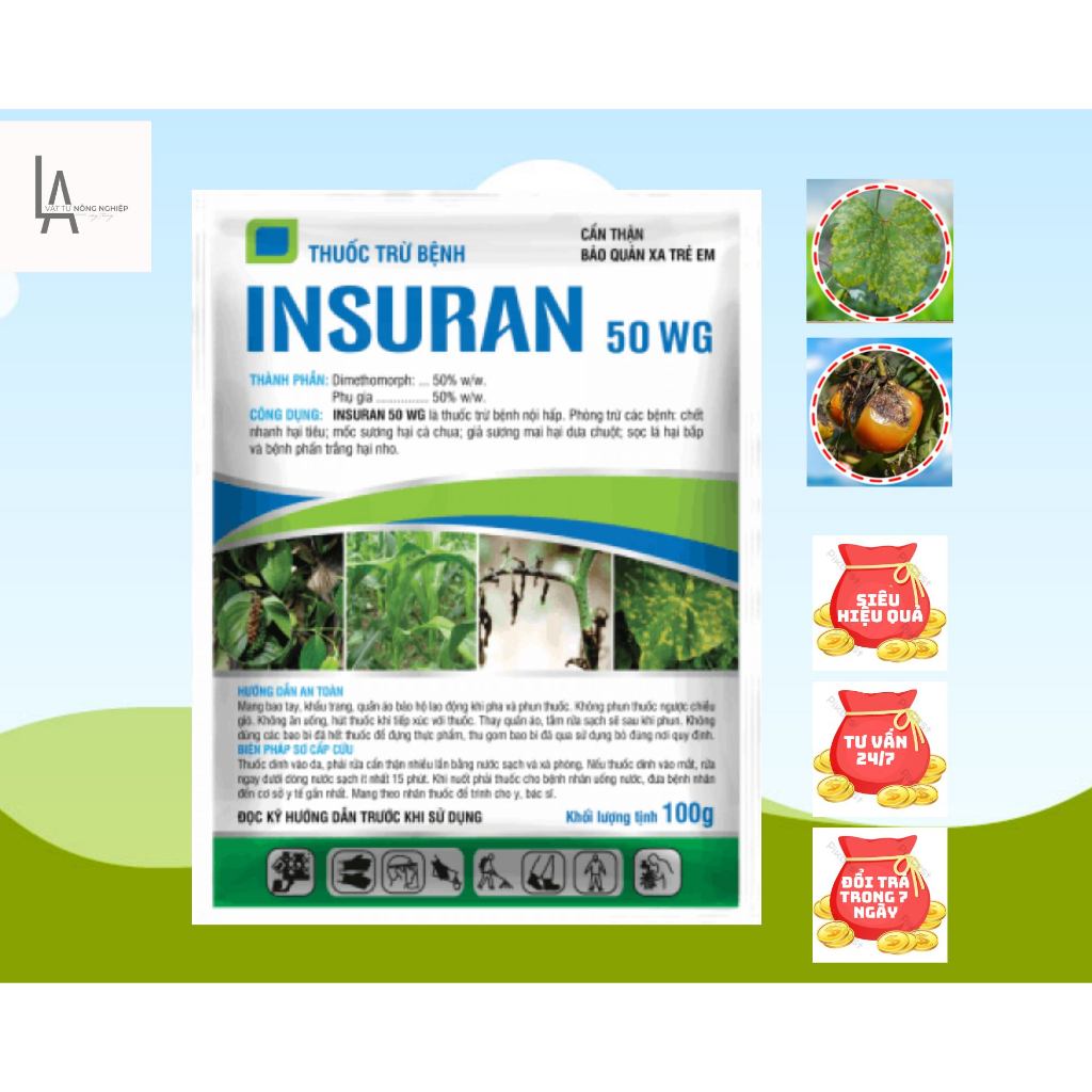 Thuốc trừ bệnh nội hấp insuran 50wg - gói 100gam - trừ bệnh phấn trắng, sương mai, thối quả và các loại nấm bệnh