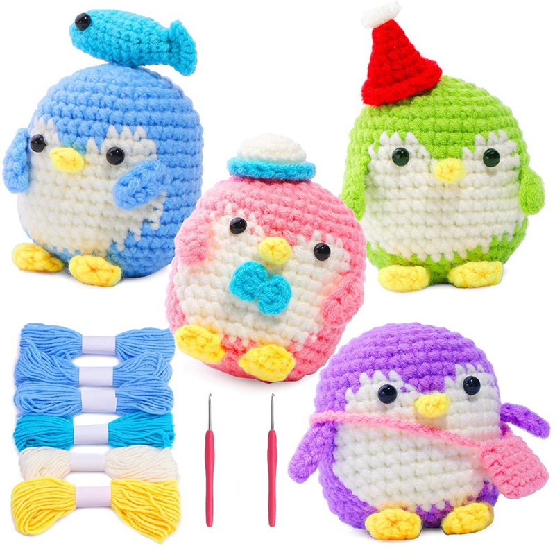 (YKCN) Crochet Set Kit for Beginners, 4PCS Beginners Crochet Penuins Kit with Tool for Mothers Day Gifts for Mom DIY Craft Supplies