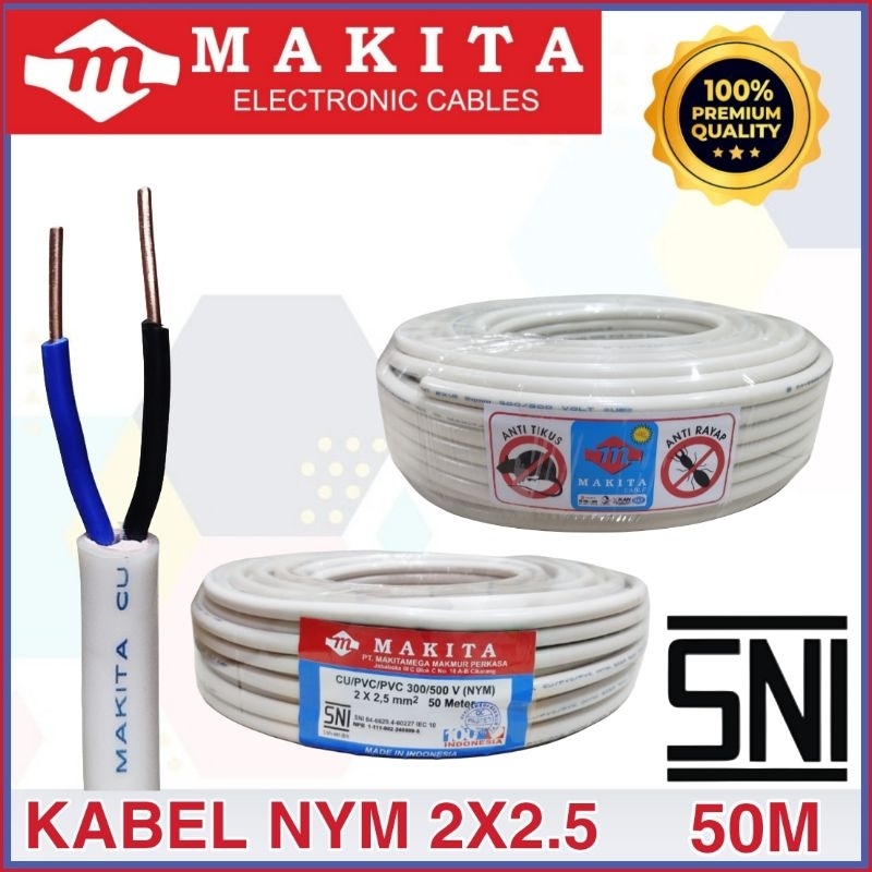 Kabel Listrik Tunggal - Kabel NYM Kawat - Kabel Power 2x2.5 Makita Putih 50M Harga 869,000 rupiah*Gratis Ongkir