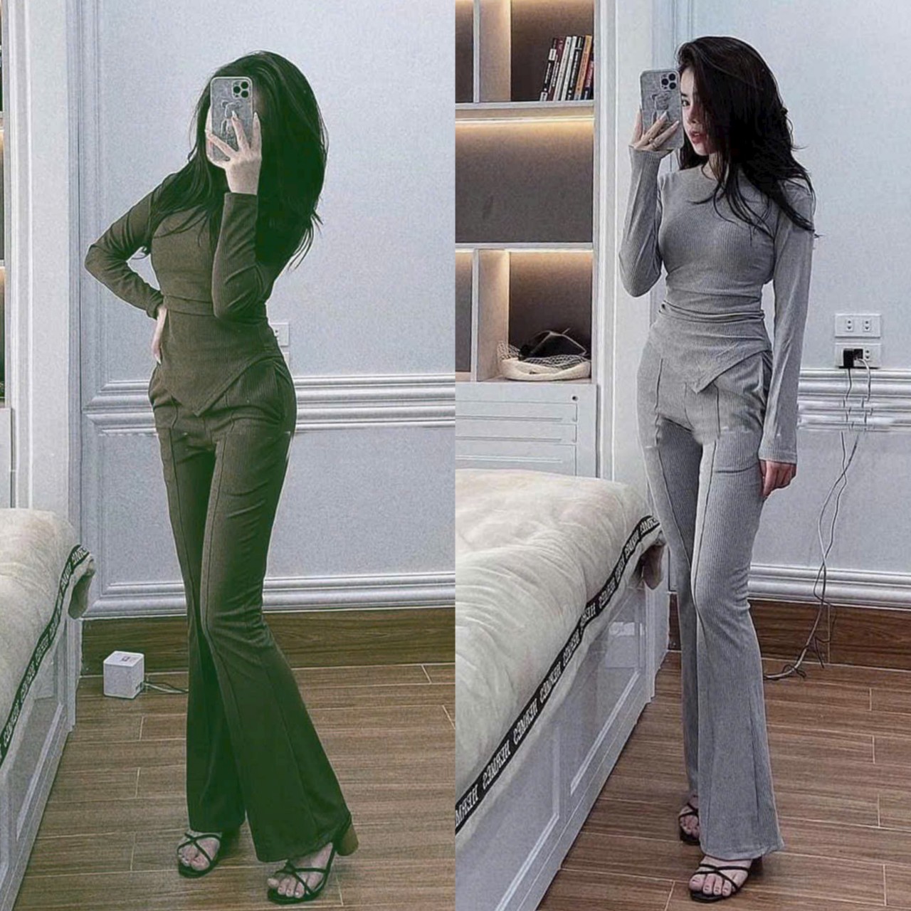  Set Đồ Bộ Áo Thun Cổ Tròn Tay dài Nhúng Eo Tà Xéo Phối quần Dài Ống Loa Thun Tăm Lạnh Siêu Cưng  Hot  Đi Chơi Cực Xinh DB872758021 