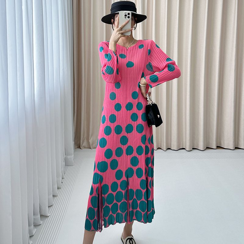 Váy Xếp Li cho phụ nữ mùa thu Polka in chấm bi Váy Cổ Tròn, váy xếp li dài tay, thời trang phiên bản Hàn Quốc dài